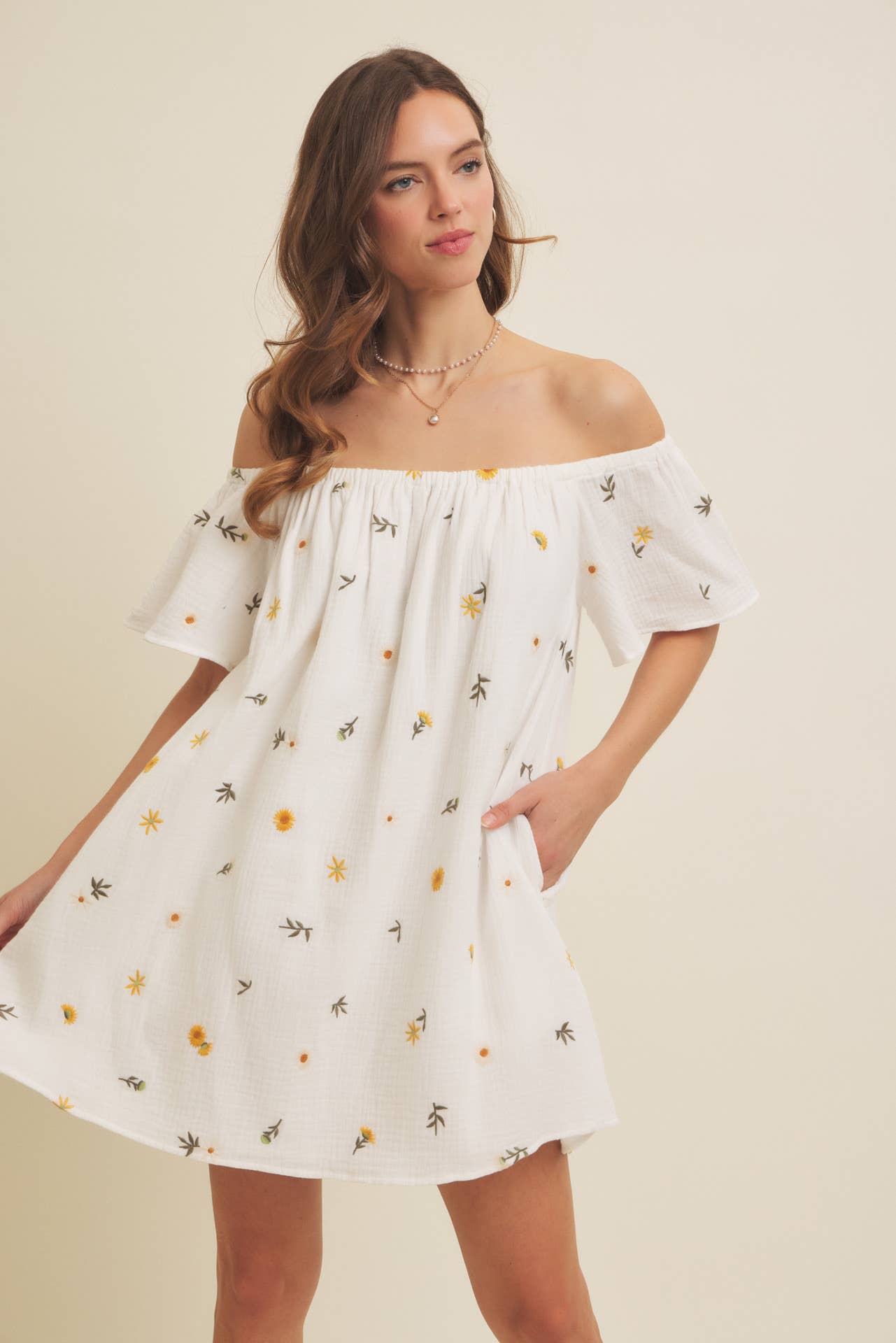 OFF-SHOULDER EMBROIDERY COTTON GAUZE MINI DRESS WITH POCKETS