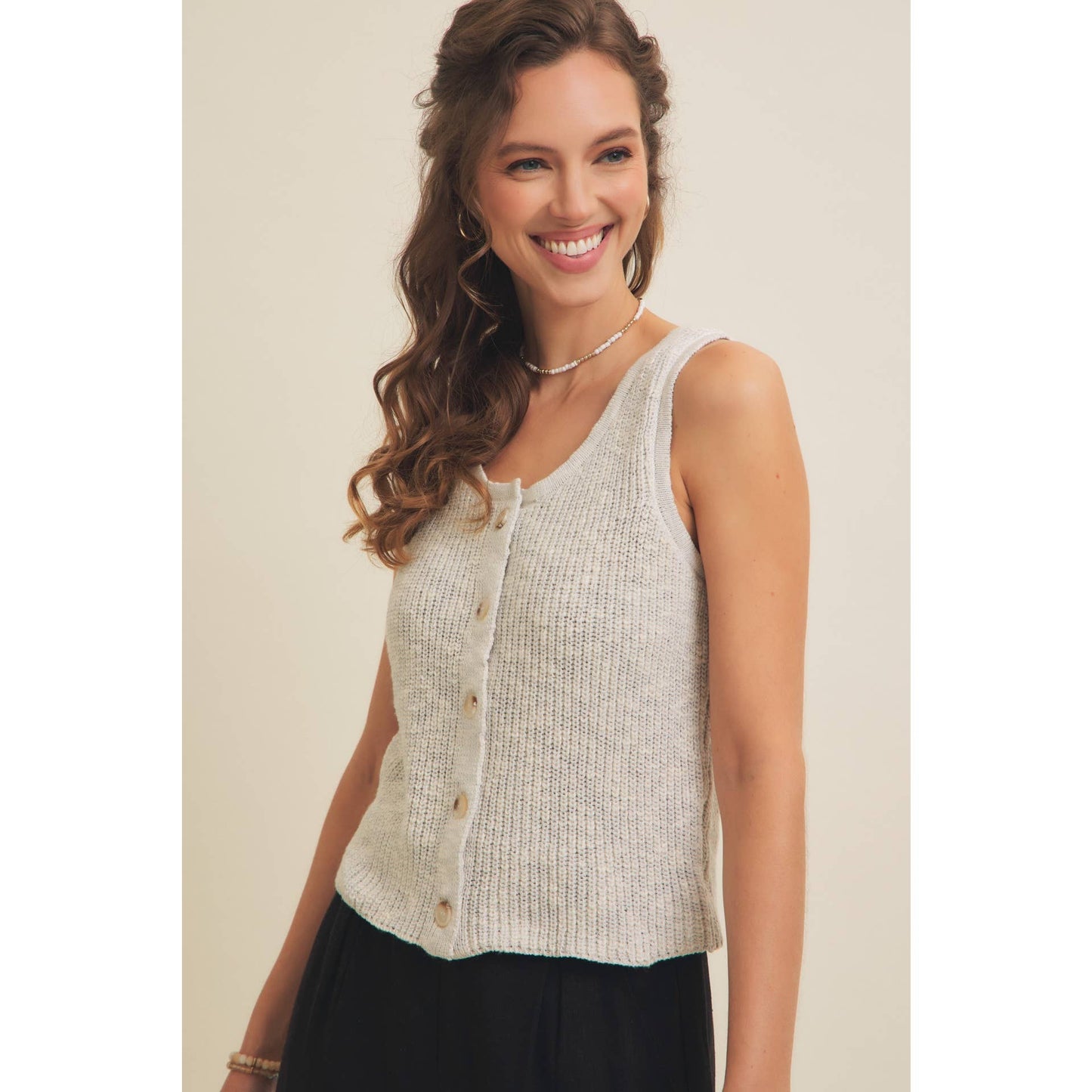 RIB SWEATER KNIT TANK TOP WITH BUTTON-DOWN FRONT