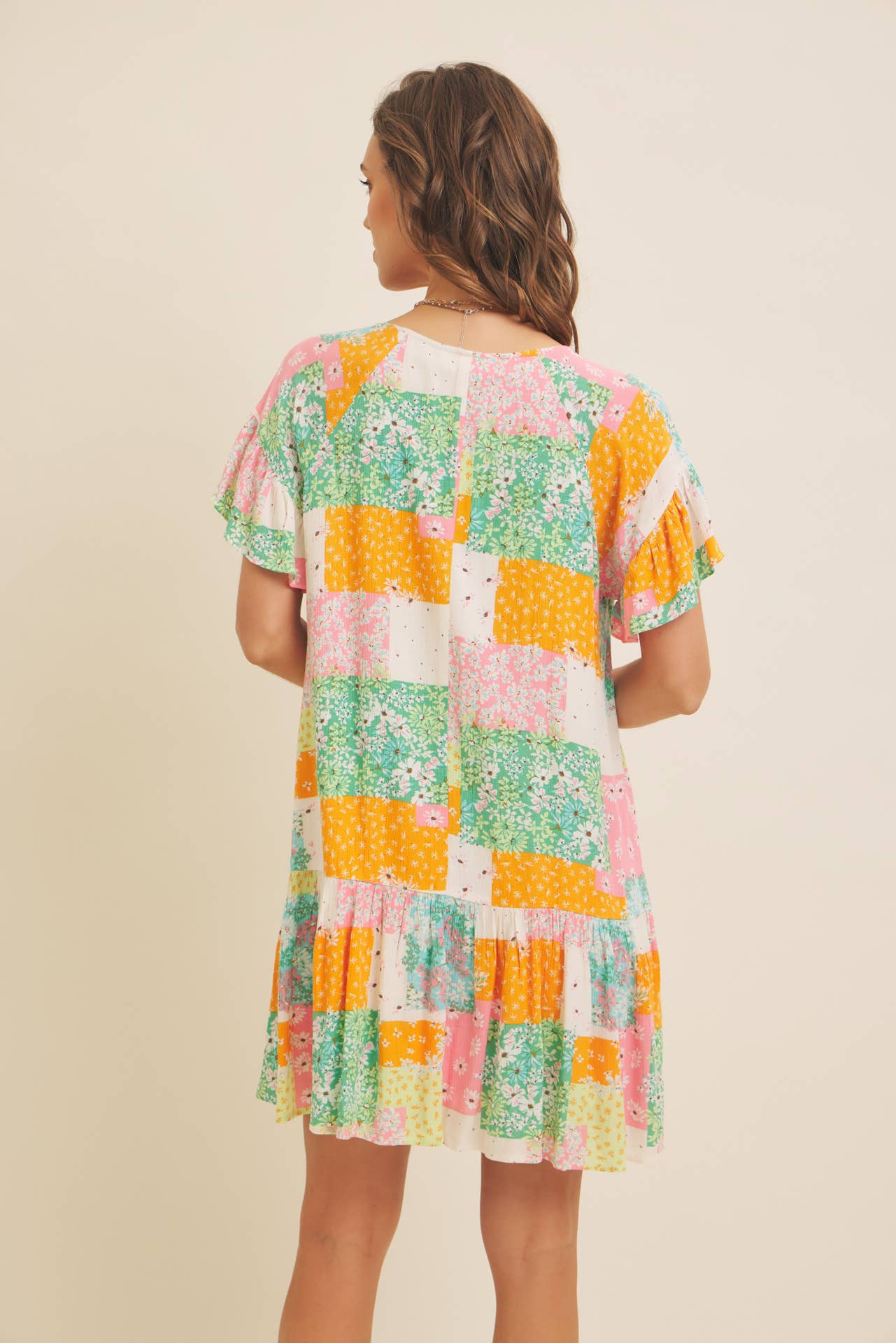 FLORAL RAYON GAUZE FLOWY MINI DRESS WITH RUFFLED HEM