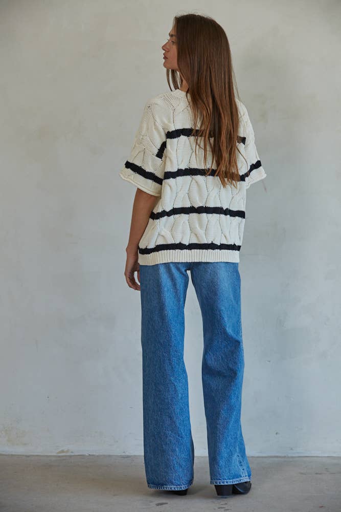 KNIT SWEATER CABLE STRIPED ROUND NECK