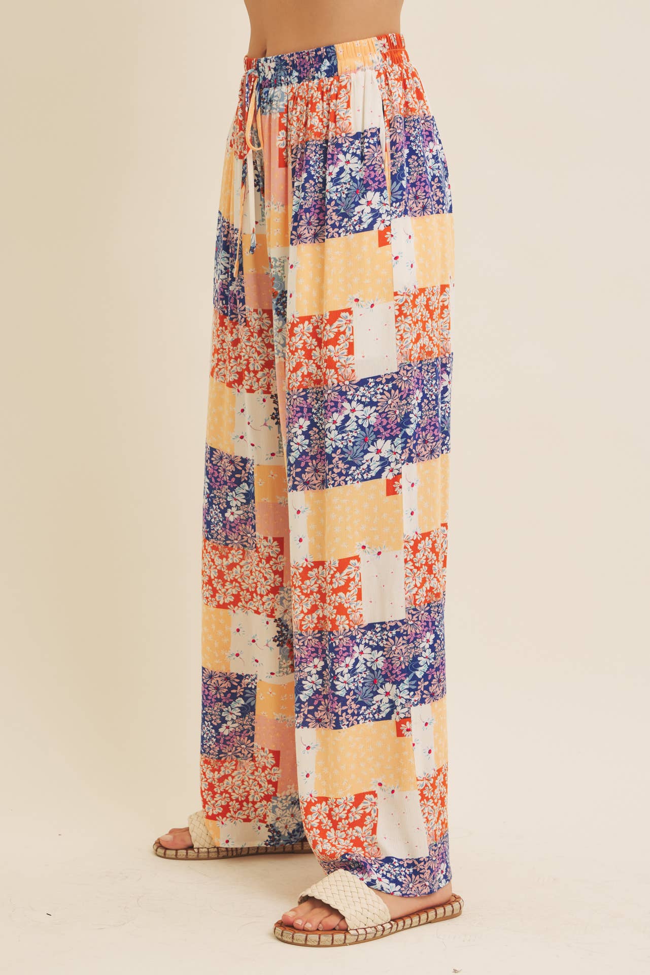 SOFT RAYON GAUZE FLORAL PATCHWORK WIDE LEG PANTS WITH POCKET