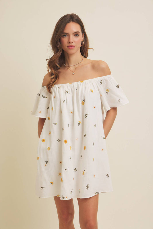 OFF-SHOULDER EMBROIDERY COTTON GAUZE MINI DRESS WITH POCKETS