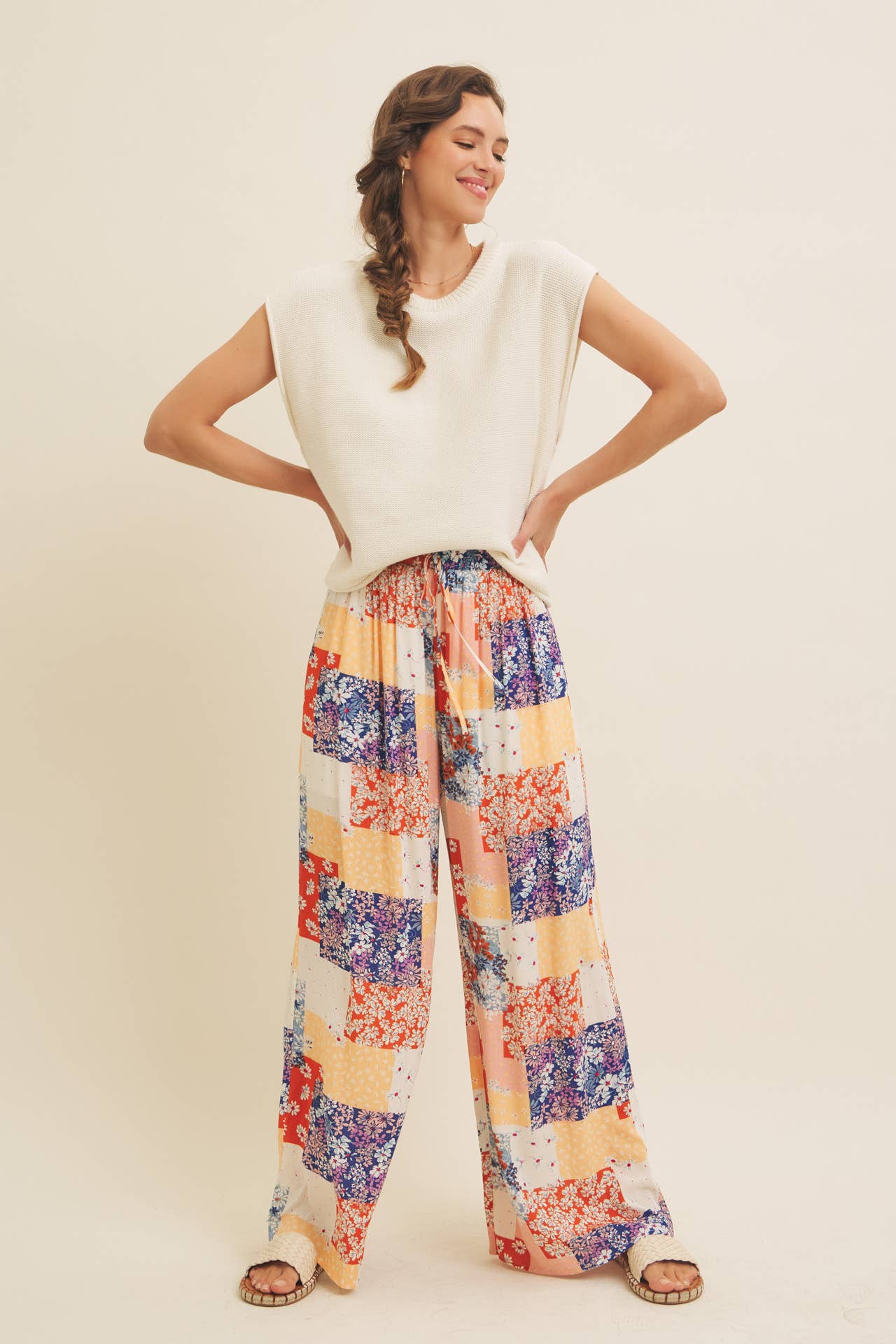 SOFT RAYON GAUZE FLORAL PATCHWORK WIDE LEG PANTS WITH POCKET