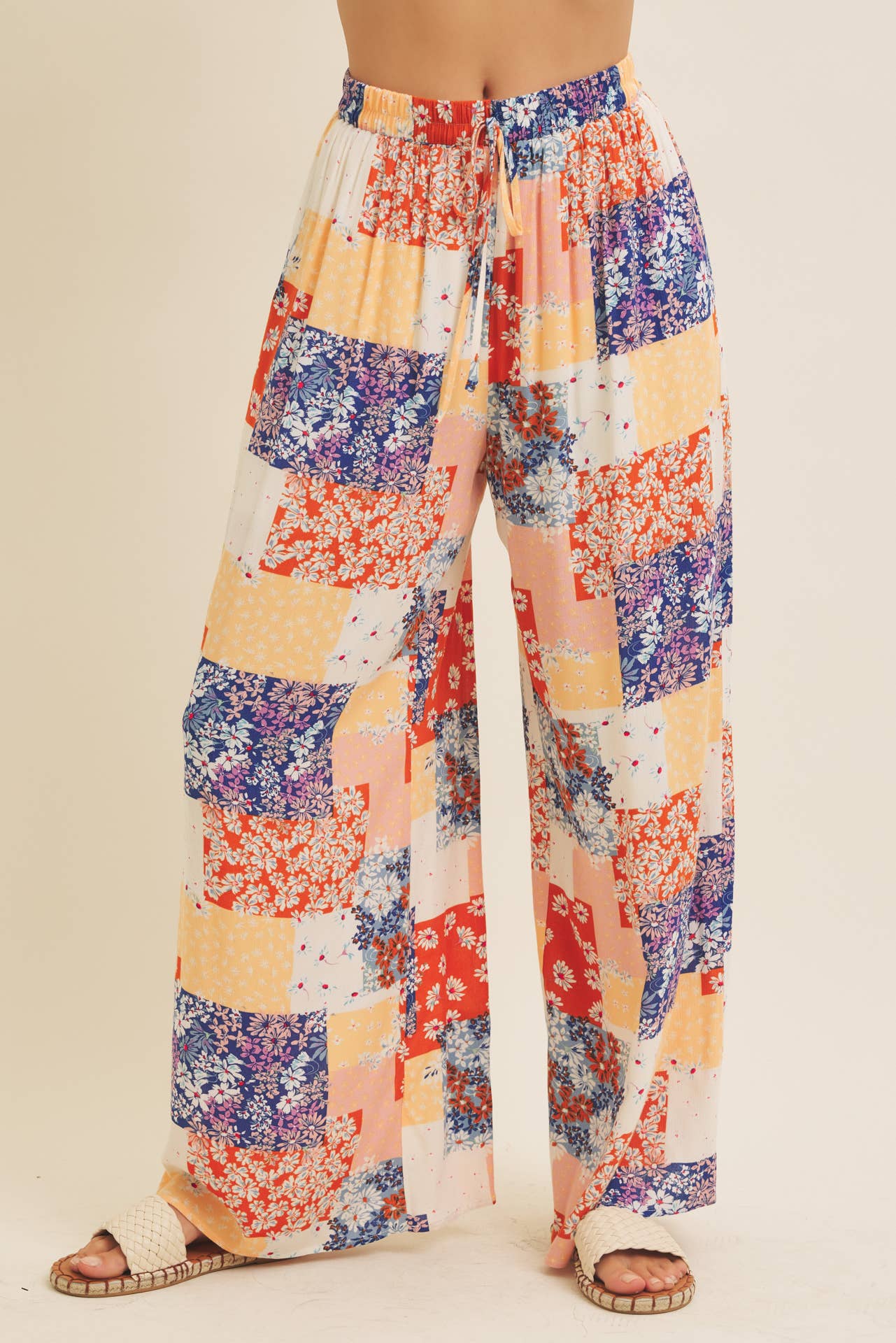 SOFT RAYON GAUZE FLORAL PATCHWORK WIDE LEG PANTS WITH POCKET