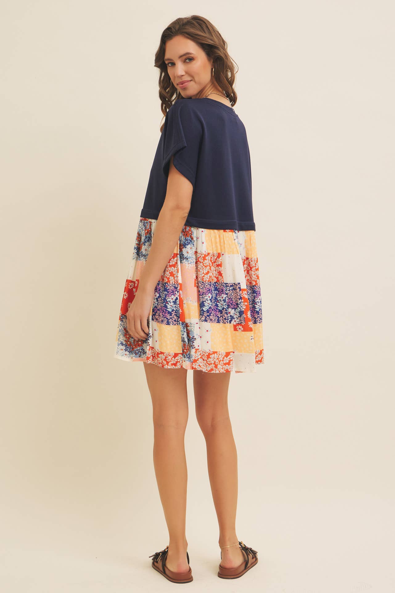 FLORAL PATCHWORK CONTRAST SWEATSHIRT DRESS