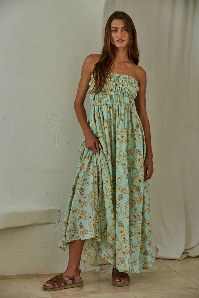 FLORAL PRINT SMOCKED TUBE DRESS