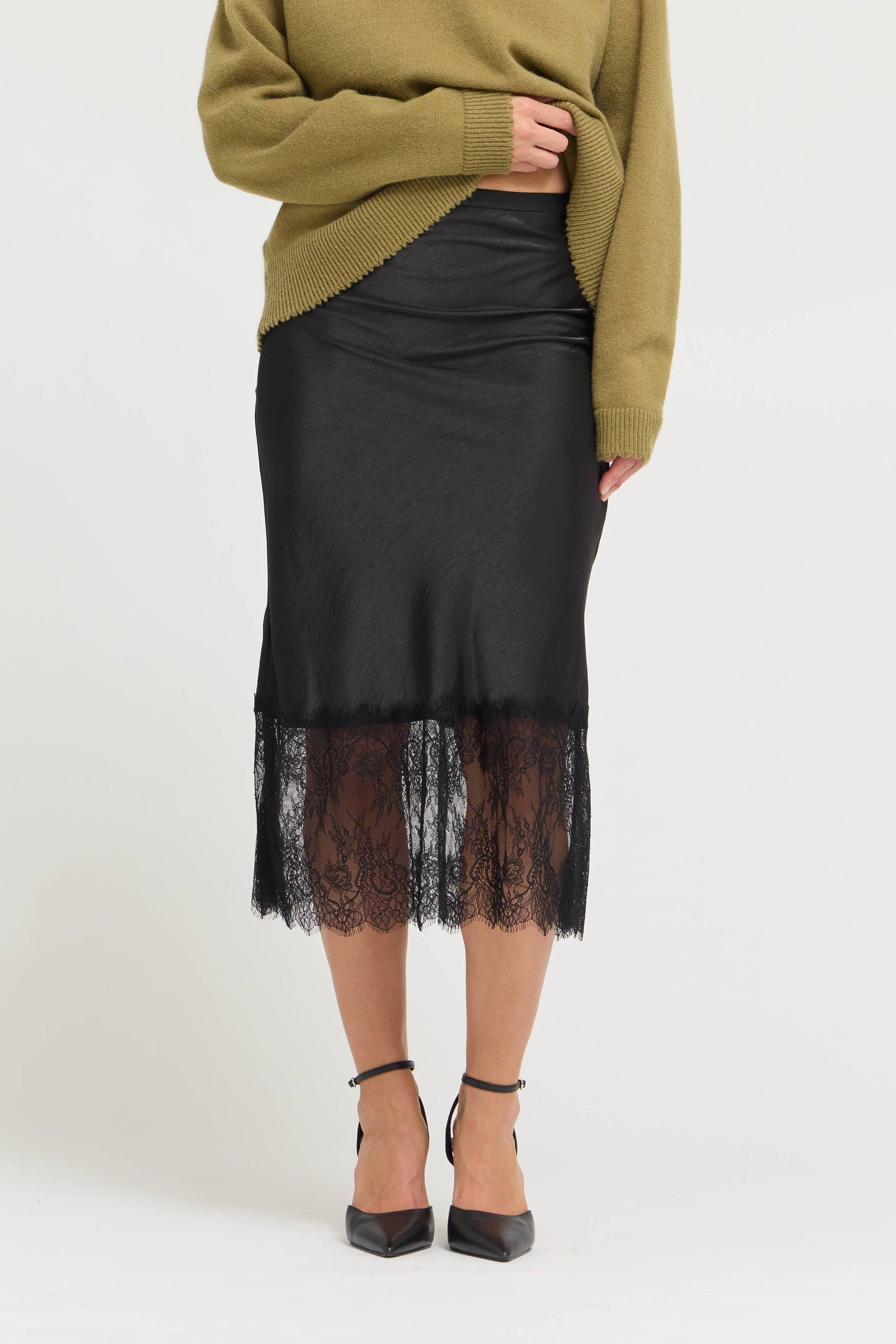 LACE TRIM MIDI SATIN SKIRT