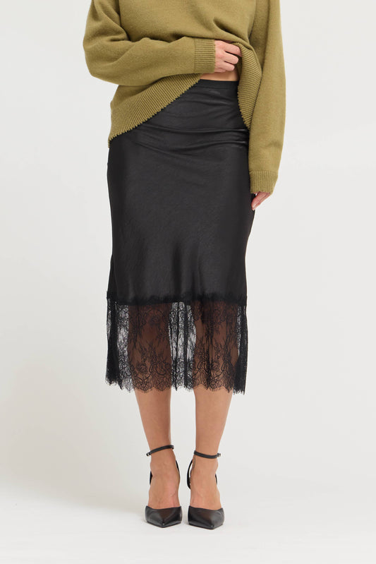 LACE TRIM MIDI SATIN SKIRT