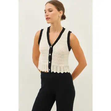 V-NECK BUTTON DOWN CROCHET SWEATER TOP WITH SCALLOP HEM