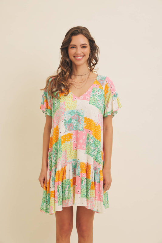 FLORAL RAYON GAUZE FLOWY MINI DRESS WITH RUFFLED HEM