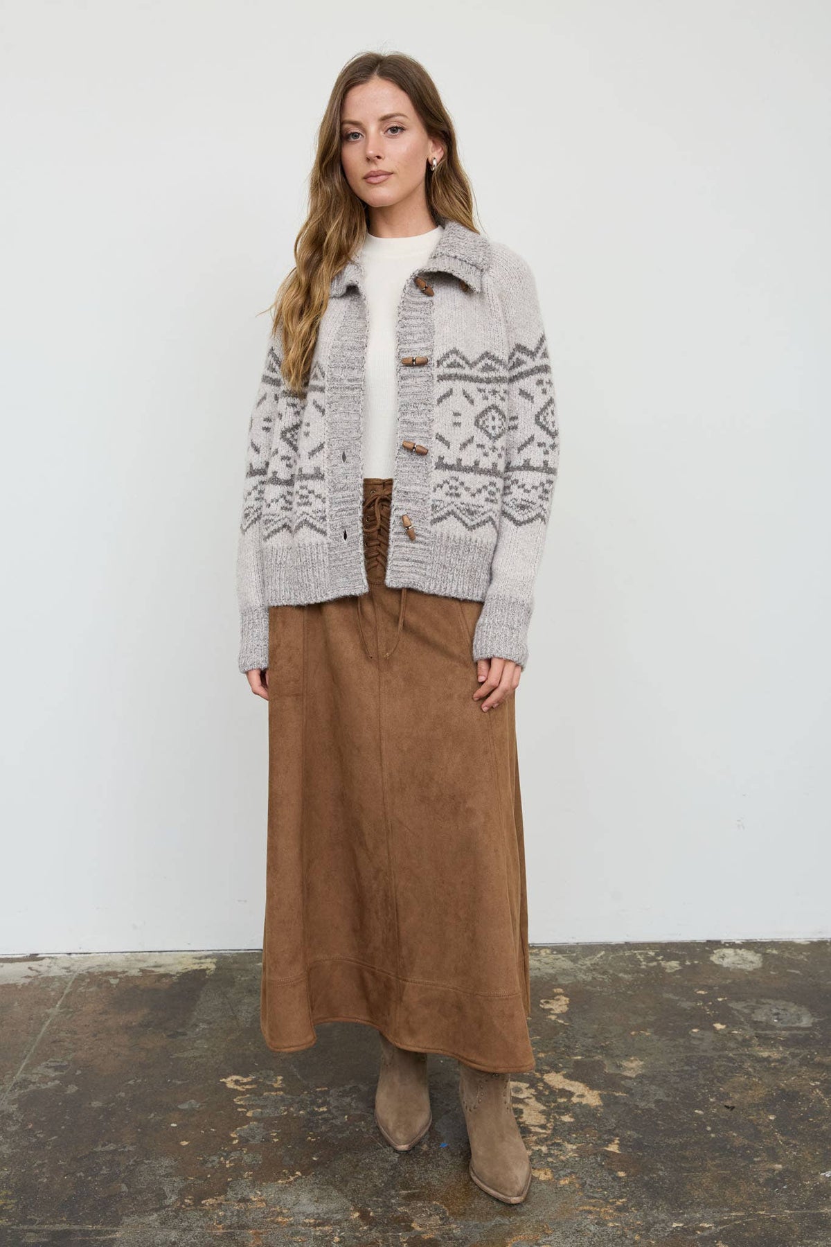 MOCK NECK TOGGLE BUTTON FAIR ISLE KNIT CARDIGAN