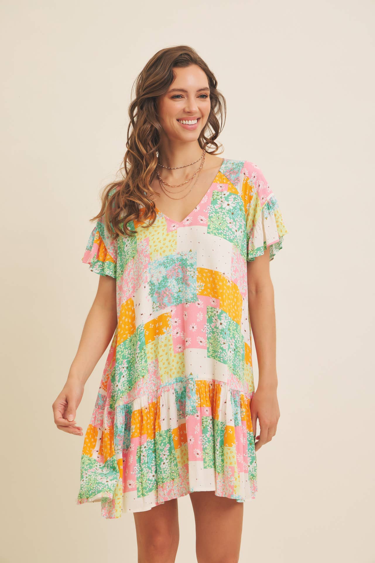 FLORAL RAYON GAUZE FLOWY MINI DRESS WITH RUFFLED HEM