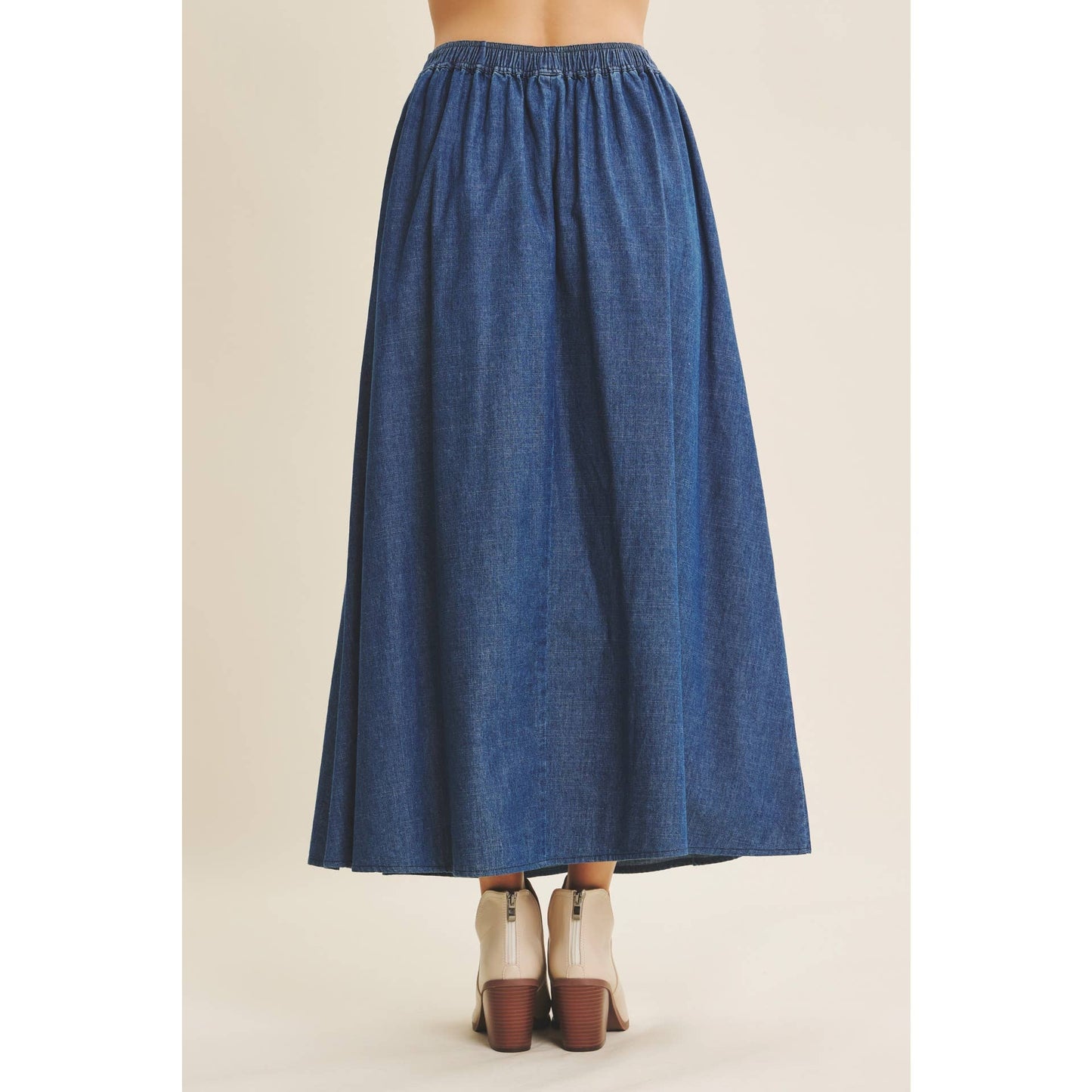 WASHED DENIM FLARE MIDI SKIRT WITH ELASTIC BAND