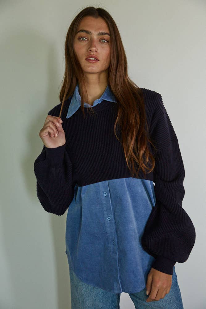 WOVEN COTTON CORDUROY COLLAR BUTTON DOWN SWEATER