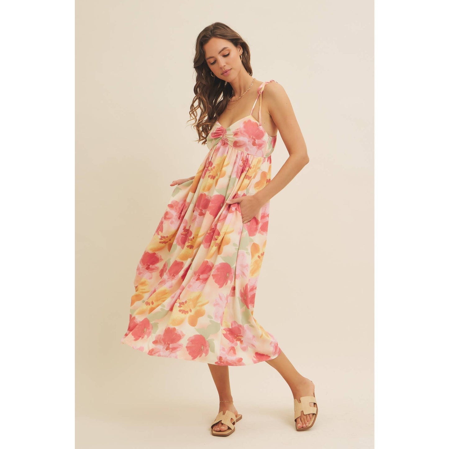 FLORAL PRINT RUCHED MIDI DRESS WITH SHOULDER TIE
