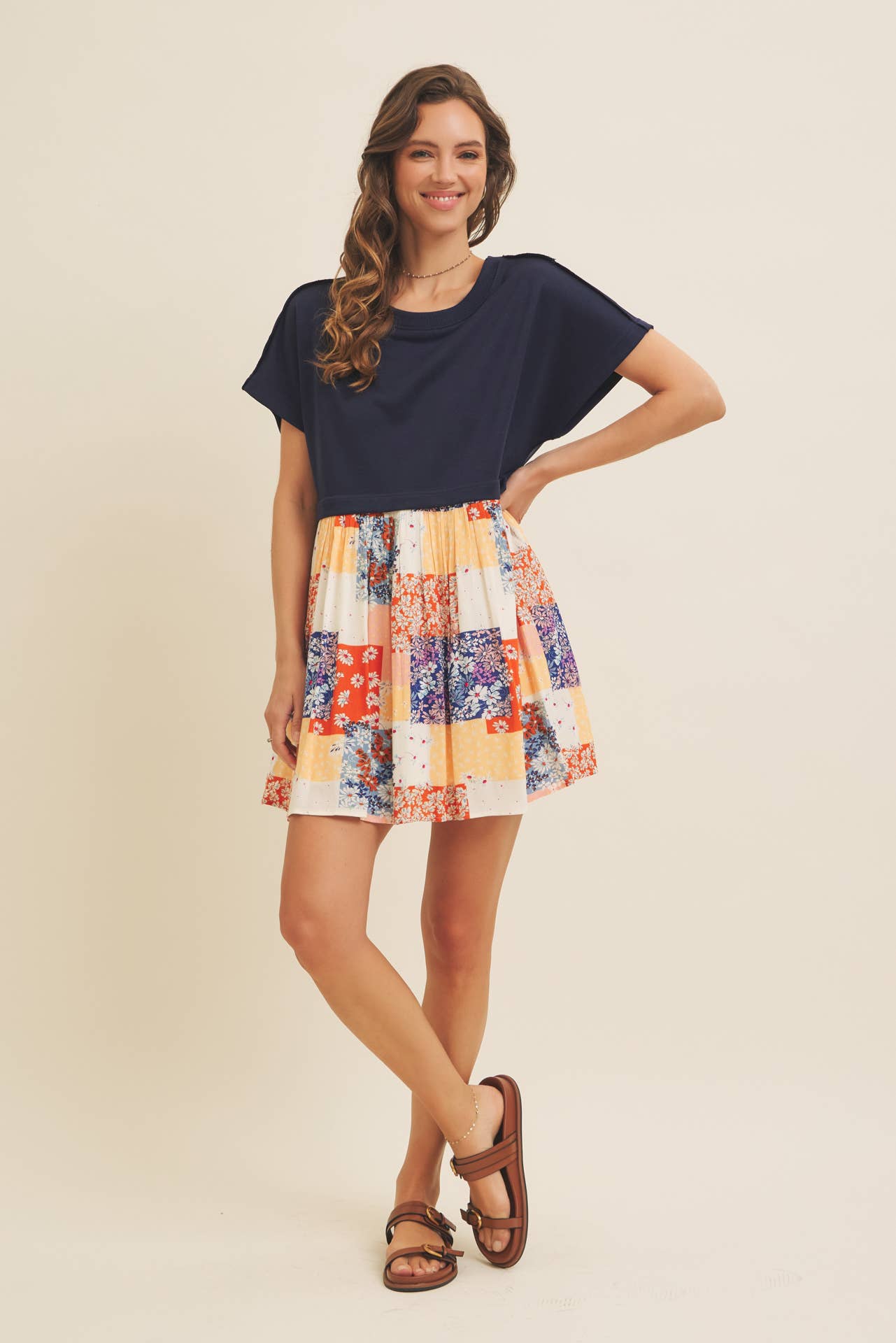 FLORAL PATCHWORK CONTRAST SWEATSHIRT DRESS