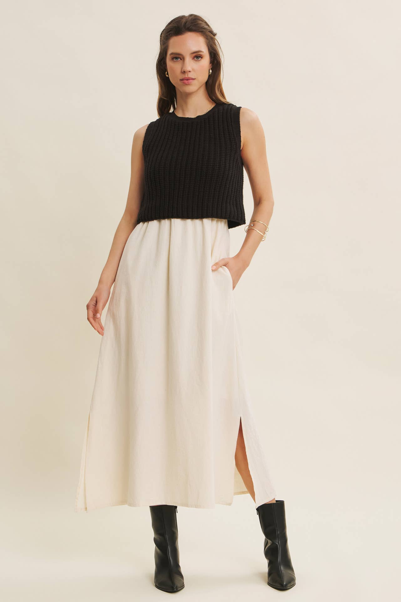 CHUNKY SWEATER TWOFER MIDI DRESS WITH POCKETS AND LINING