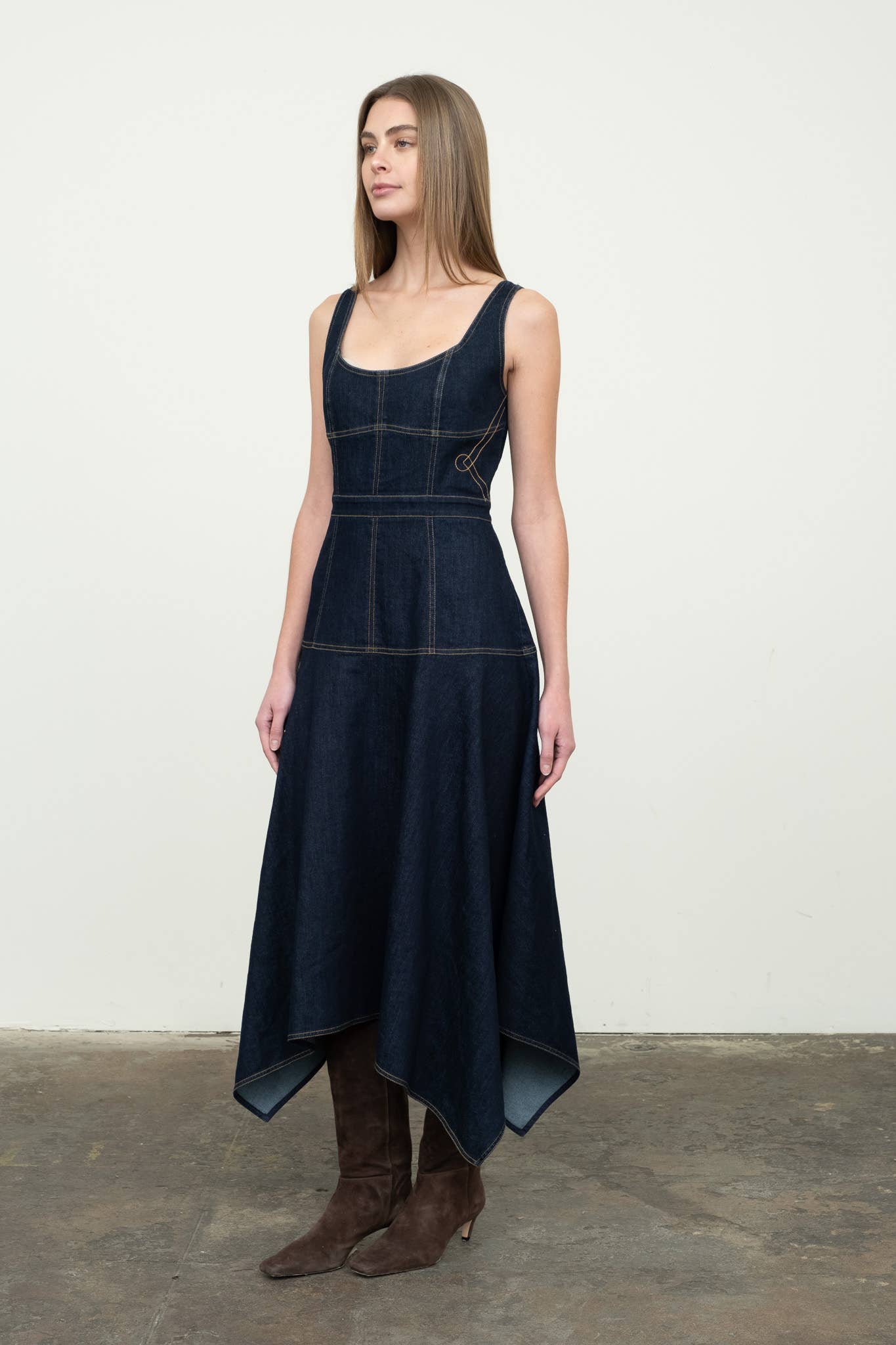 DENIM HANDKERCHIEF HEM MIDI DRESS