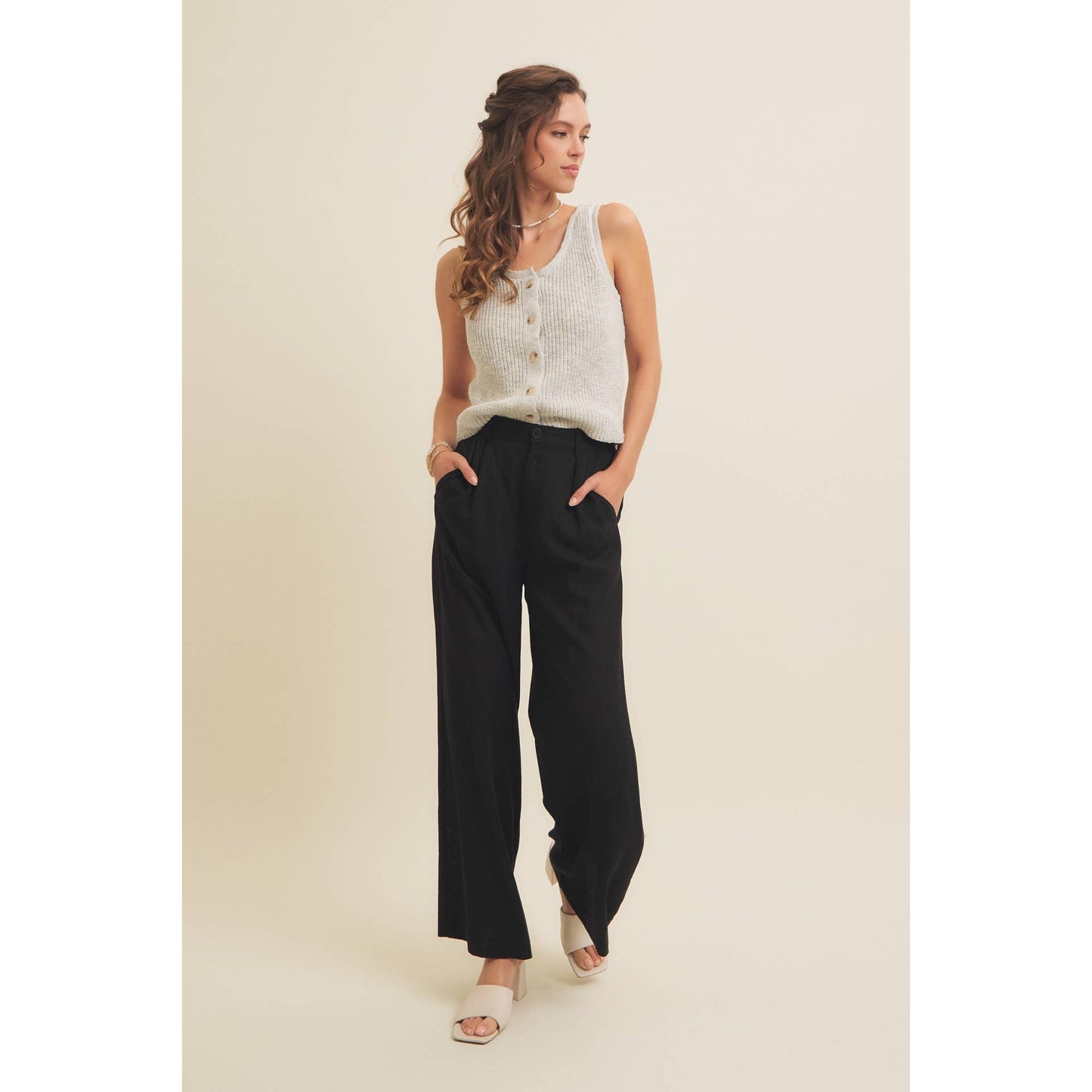 RIB SWEATER KNIT TANK TOP WITH BUTTON-DOWN FRONT