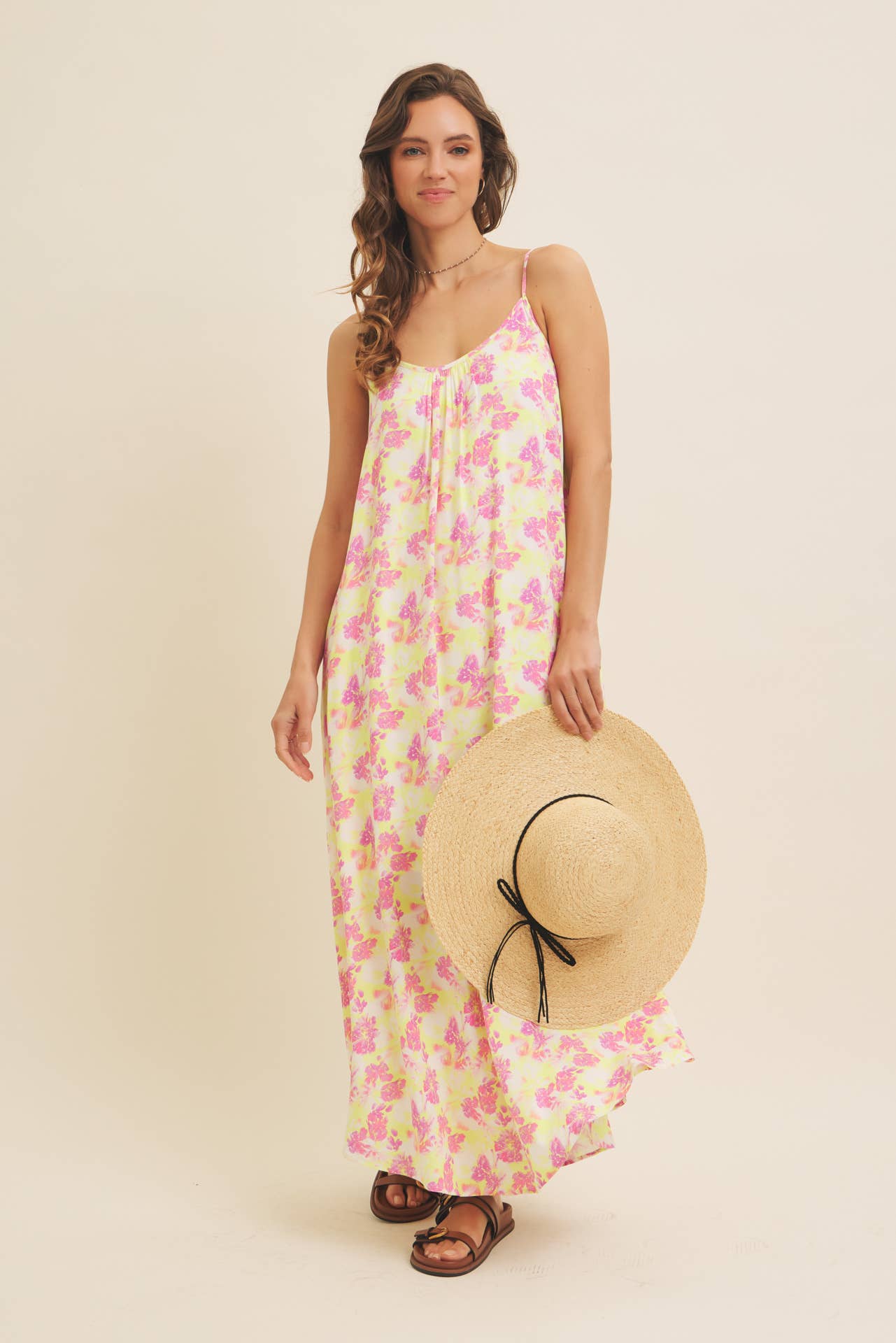 LOOSE FIT FLORAL PRINTED CAMI MAXI DRESS WITH SIDE POCKETS