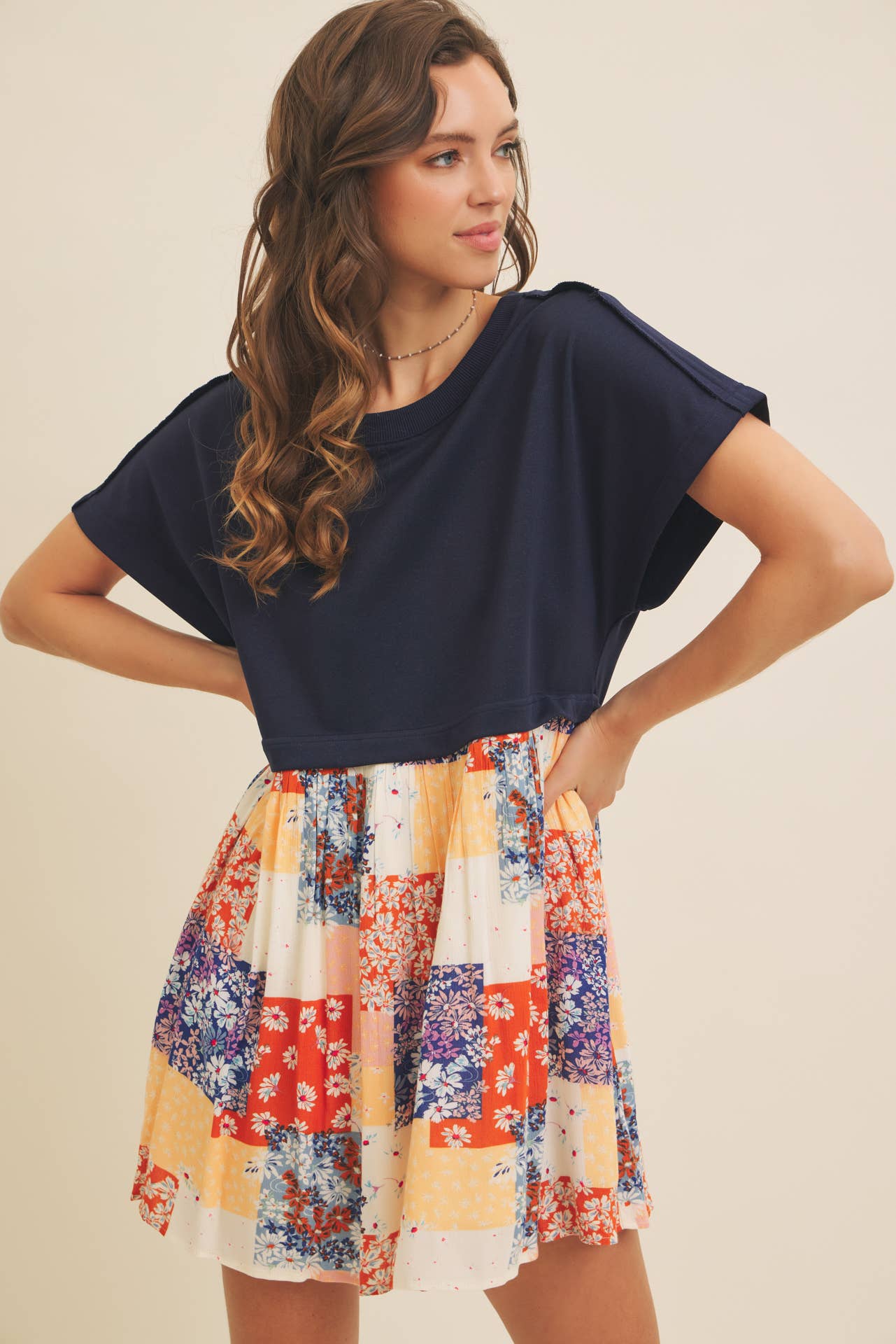 FLORAL PATCHWORK CONTRAST SWEATSHIRT DRESS