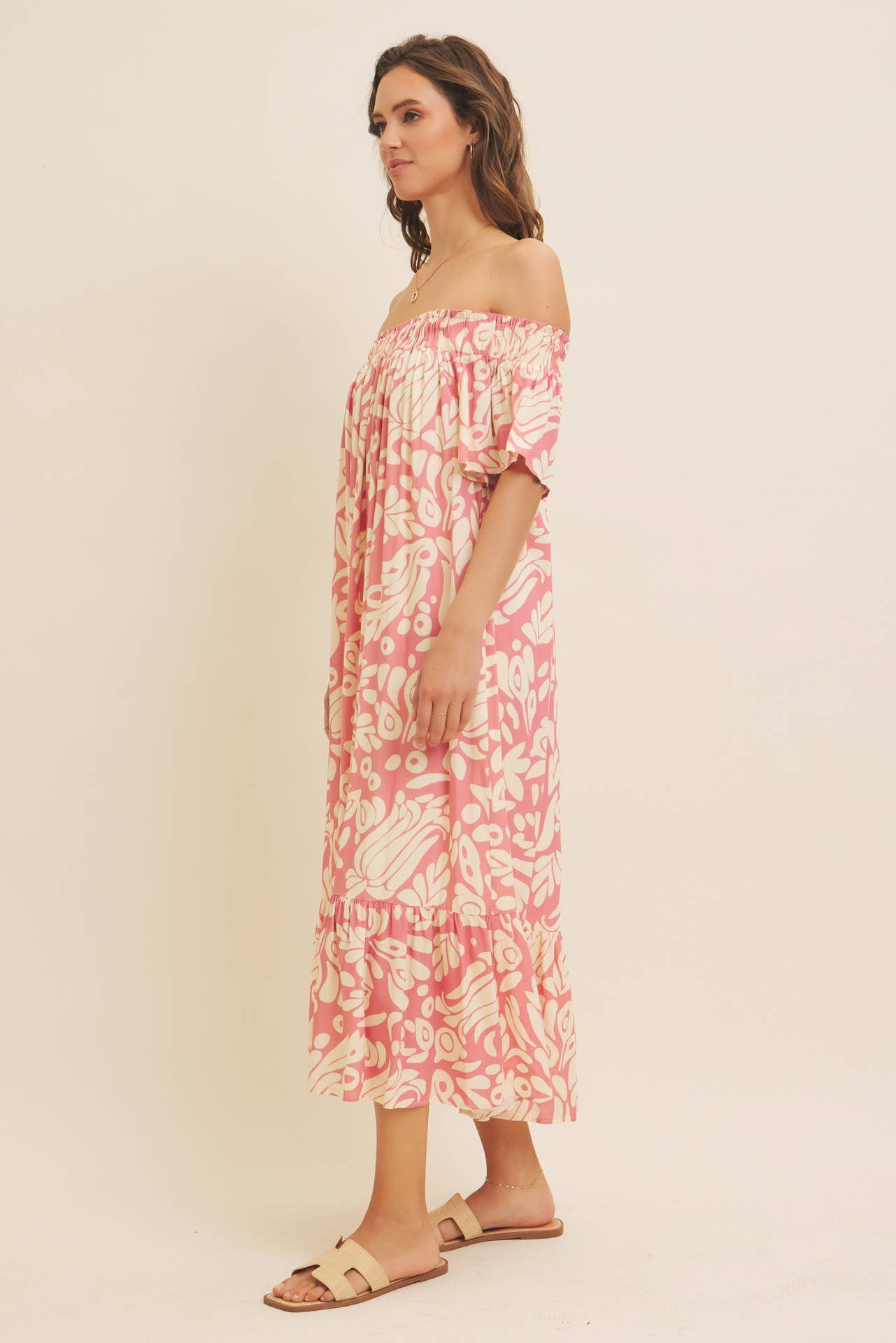 OFF THE SHOULDER FLARE PRINTED MIDI DRESS WITH POCKETS