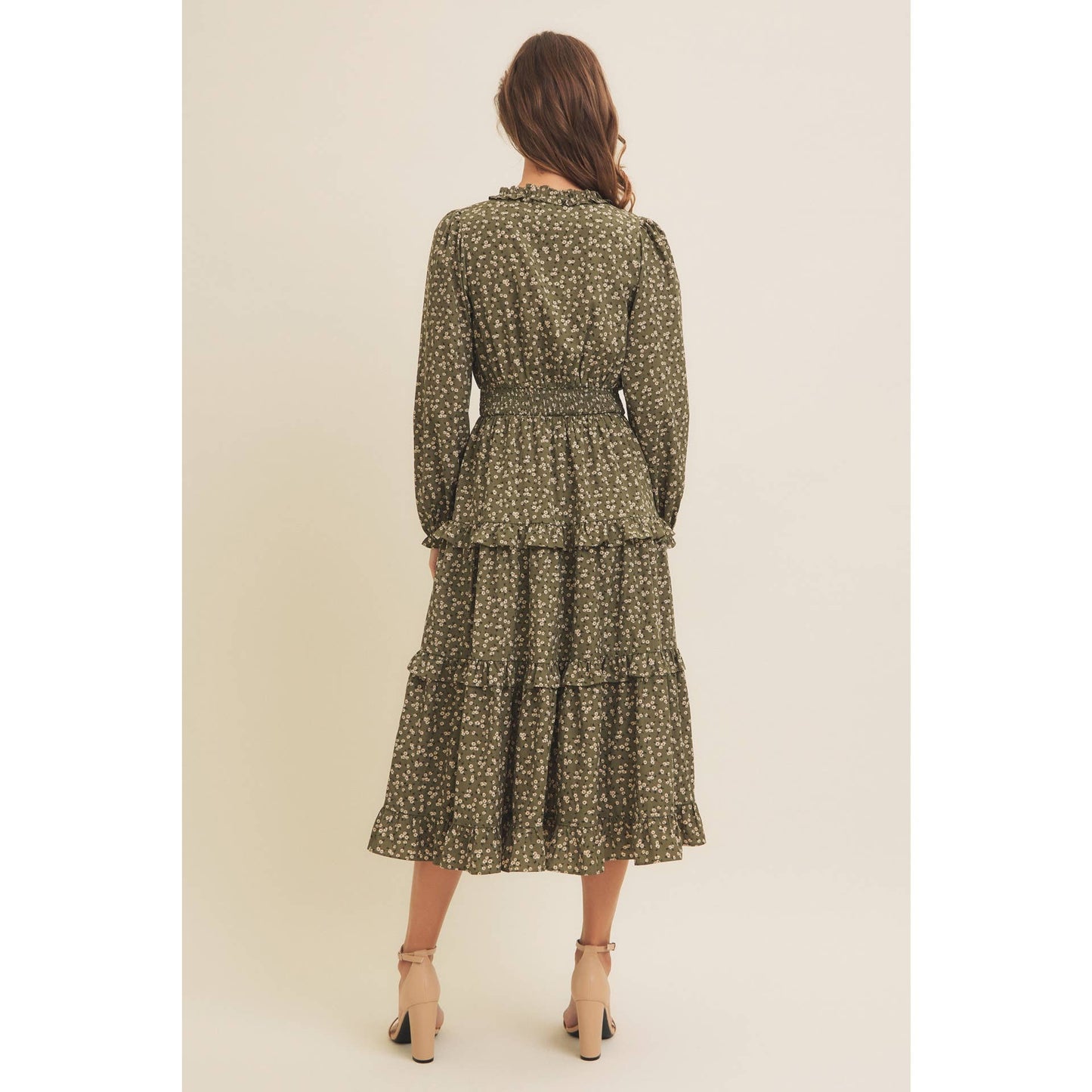 DITSY FLORAL RUFFLE SURPLICE MIDI DRESS WITH POCKETS