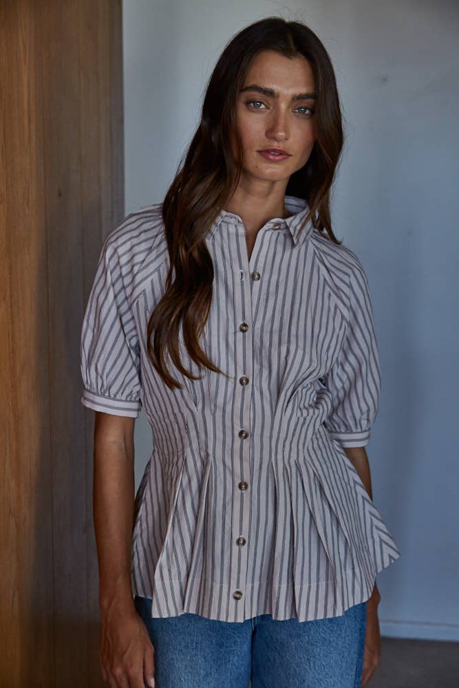 WOVEN COTTON STRIPED COLLARED CINCHED WAIST TOP