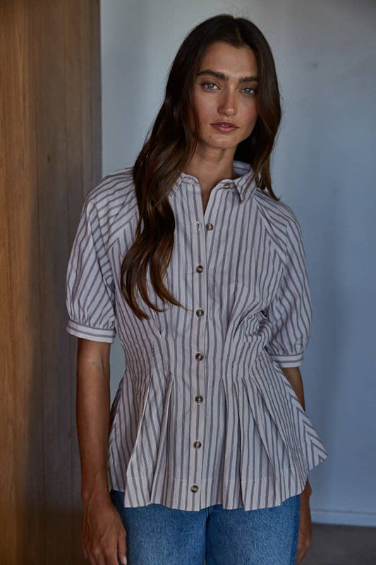WOVEN COTTON STRIPED COLLARED CINCHED WAIST TOP