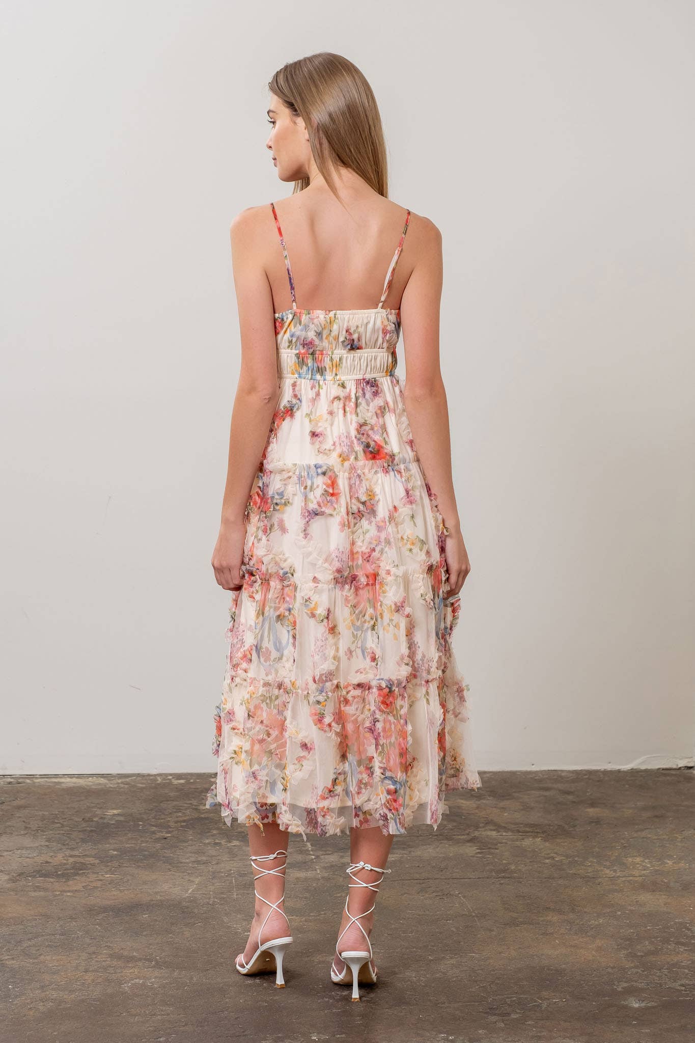 FLORAL PRINT RUFFLE DETAIL SLEEVELESS MAXI DRESS