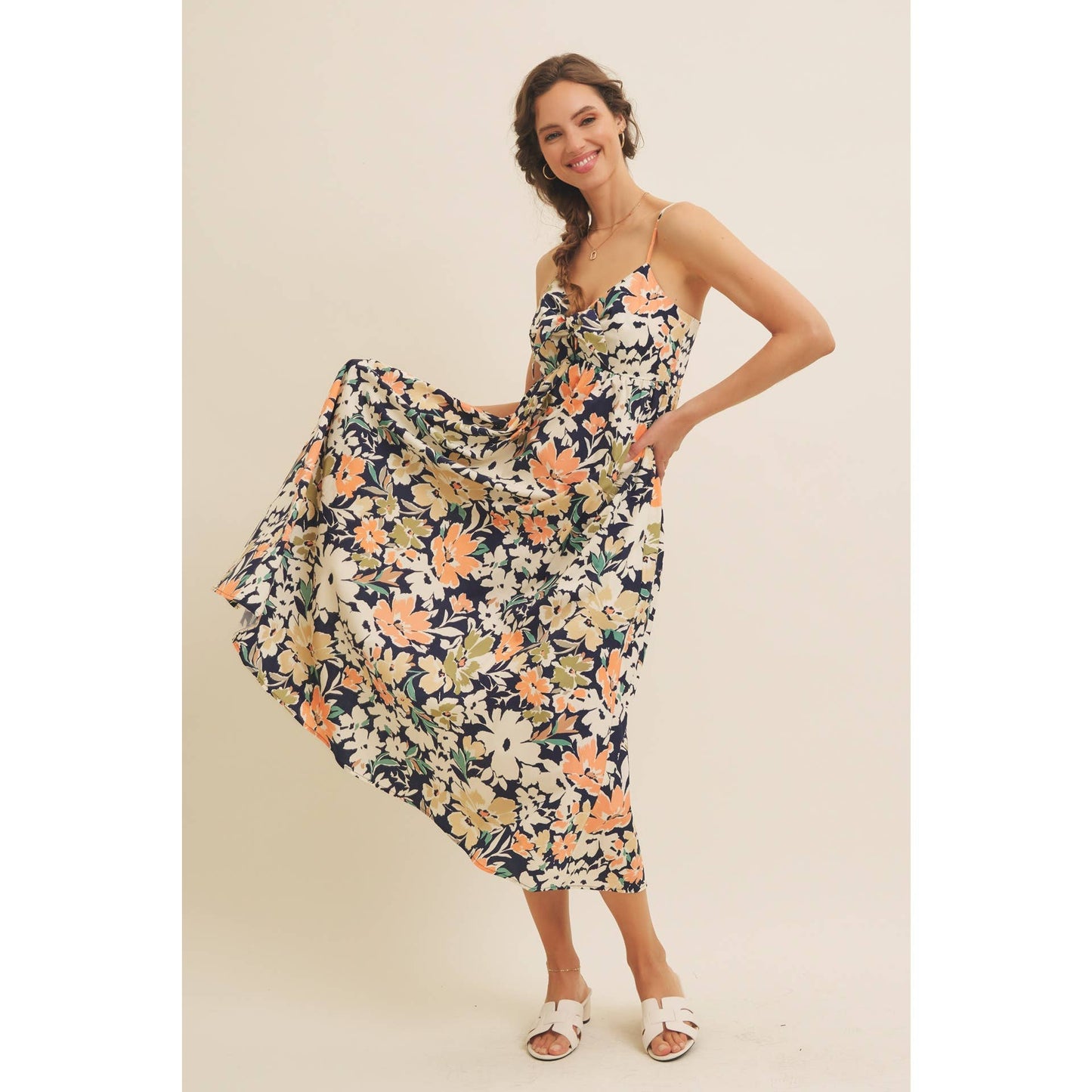 FLORAL PRINT FRONT TIE CAMI MIDI DRESS