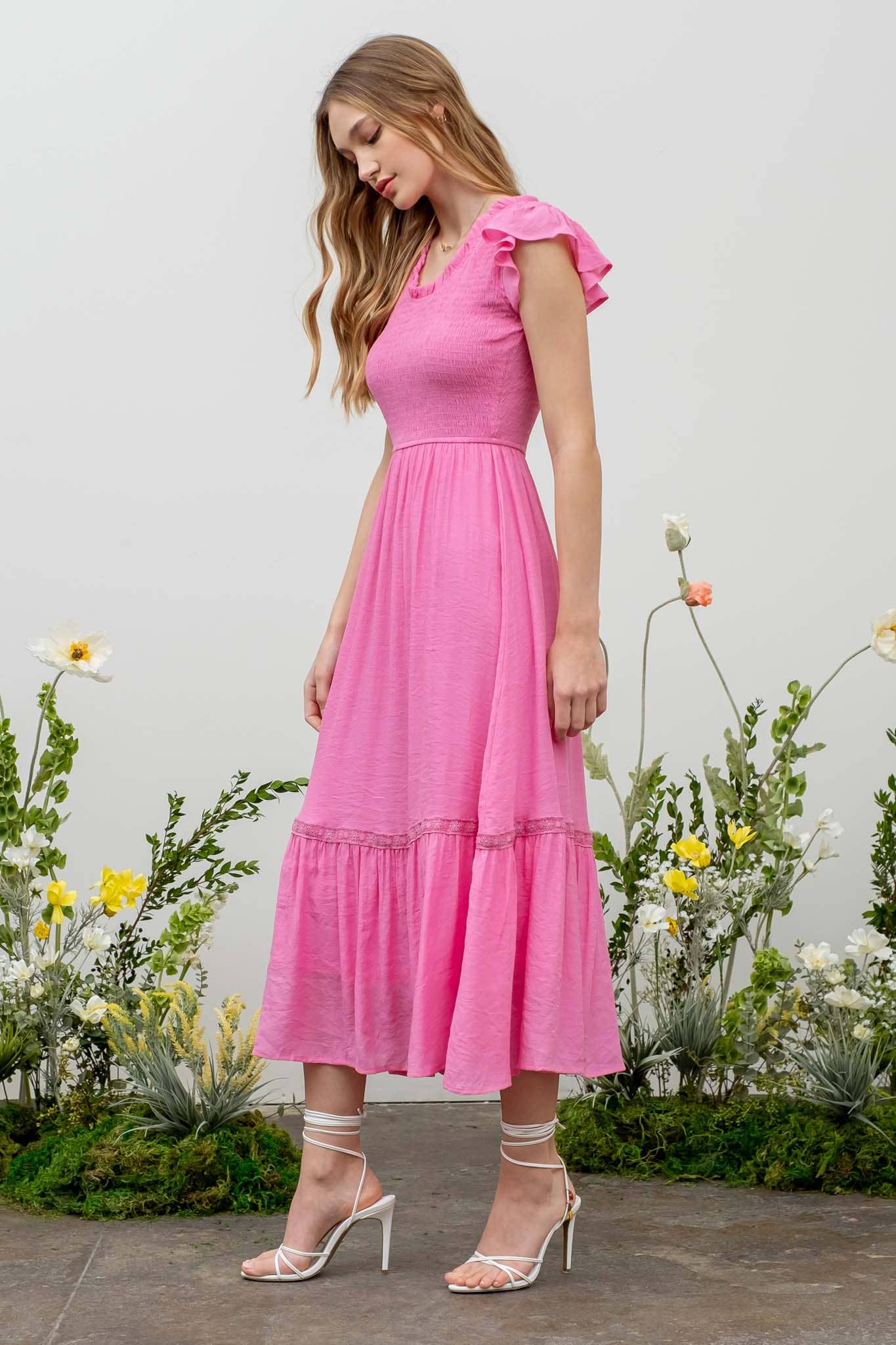 SCOOP RUFFLE NECK SMOCKED MAXI DRESS
