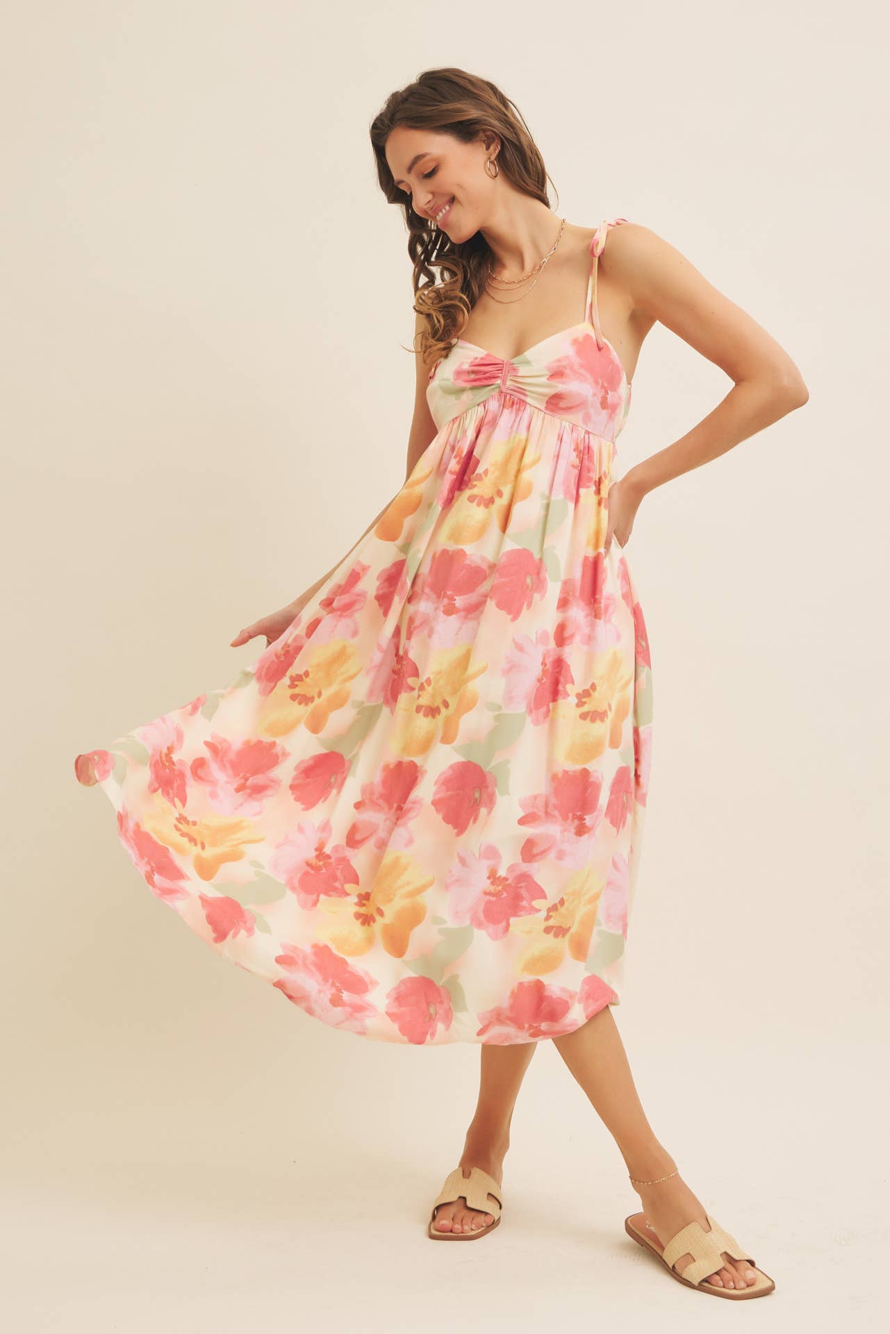 FLORAL PRINT RUCHED MIDI DRESS WITH SHOULDER TIE