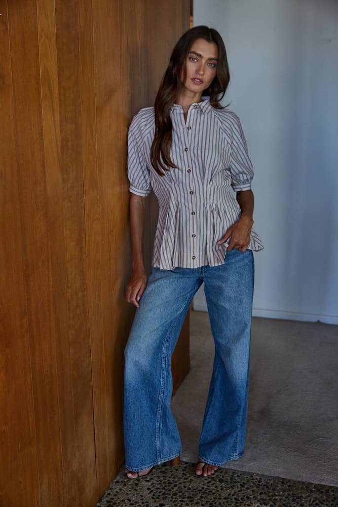 WOVEN COTTON STRIPED COLLARED CINCHED WAIST TOP