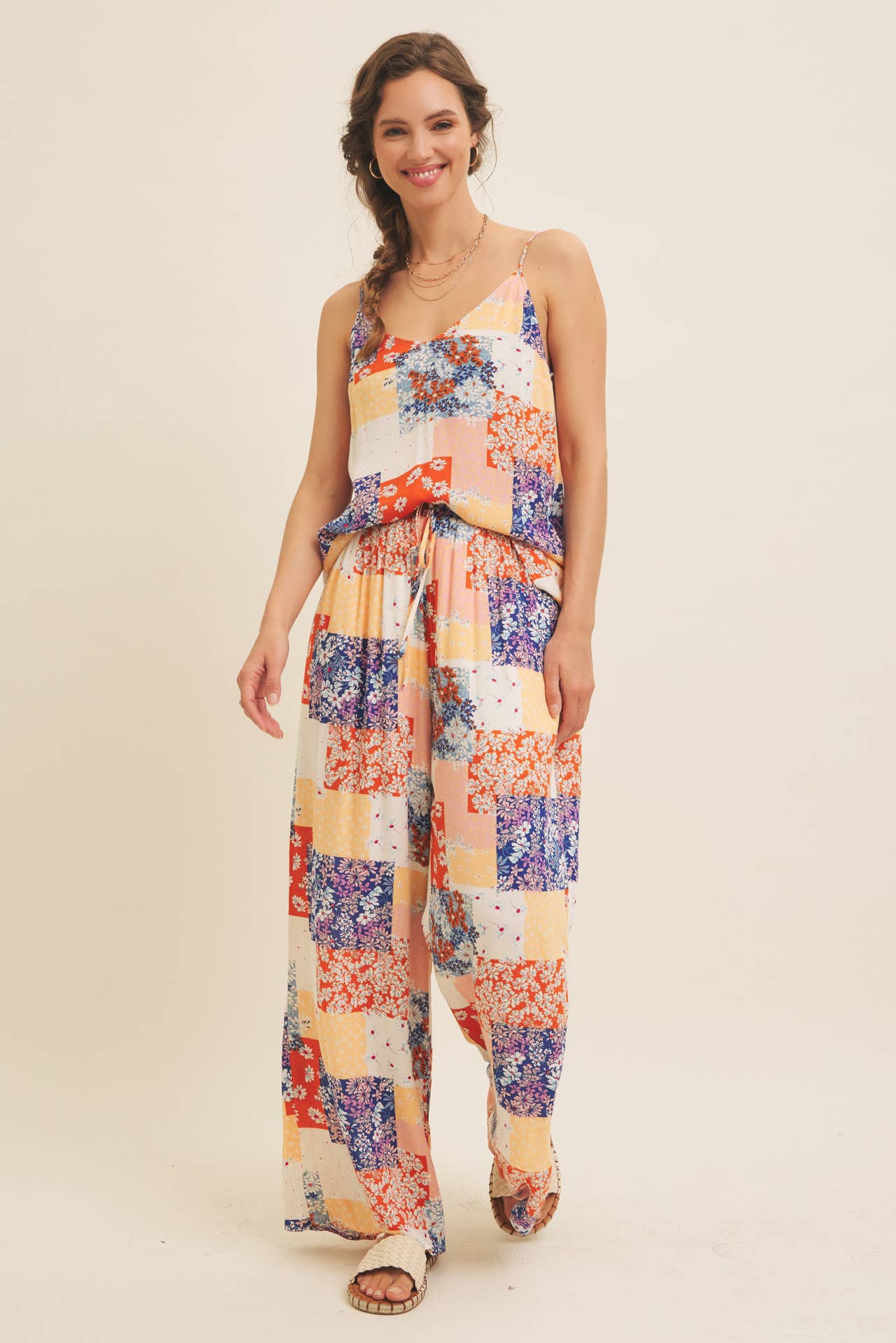 SOFT RAYON GAUZE FLORAL PATCHWORK WIDE LEG PANTS WITH POCKET