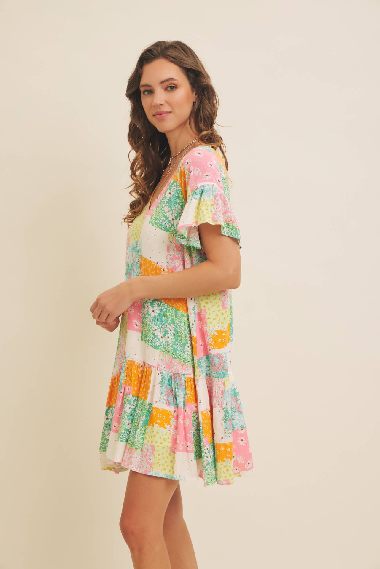 FLORAL RAYON GAUZE FLOWY MINI DRESS WITH RUFFLED HEM