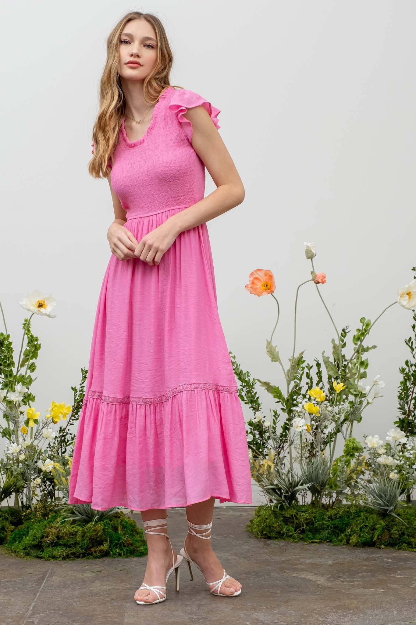 SCOOP RUFFLE NECK SMOCKED MAXI DRESS