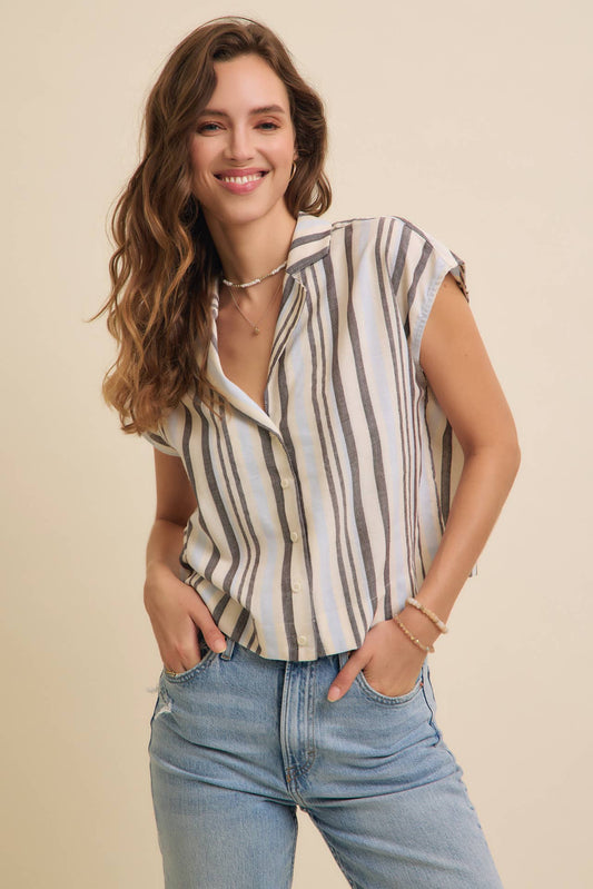 LINEN STRIPE BUTTON-DOWN COLLARED SHIRT