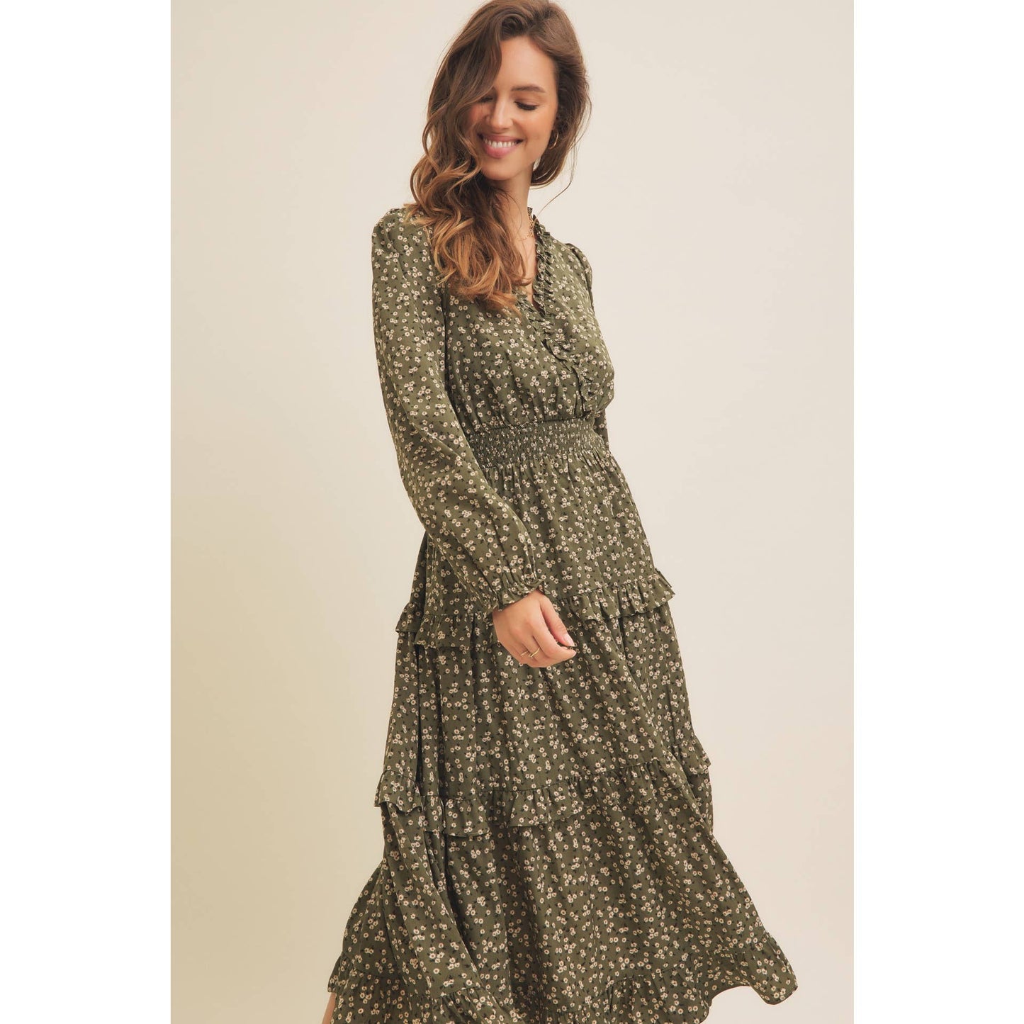 DITSY FLORAL RUFFLE SURPLICE MIDI DRESS WITH POCKETS