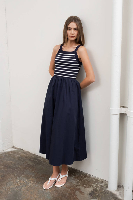 SQUARE NECK SWEATER KNIT MIX MEDIA MIDI DRESS