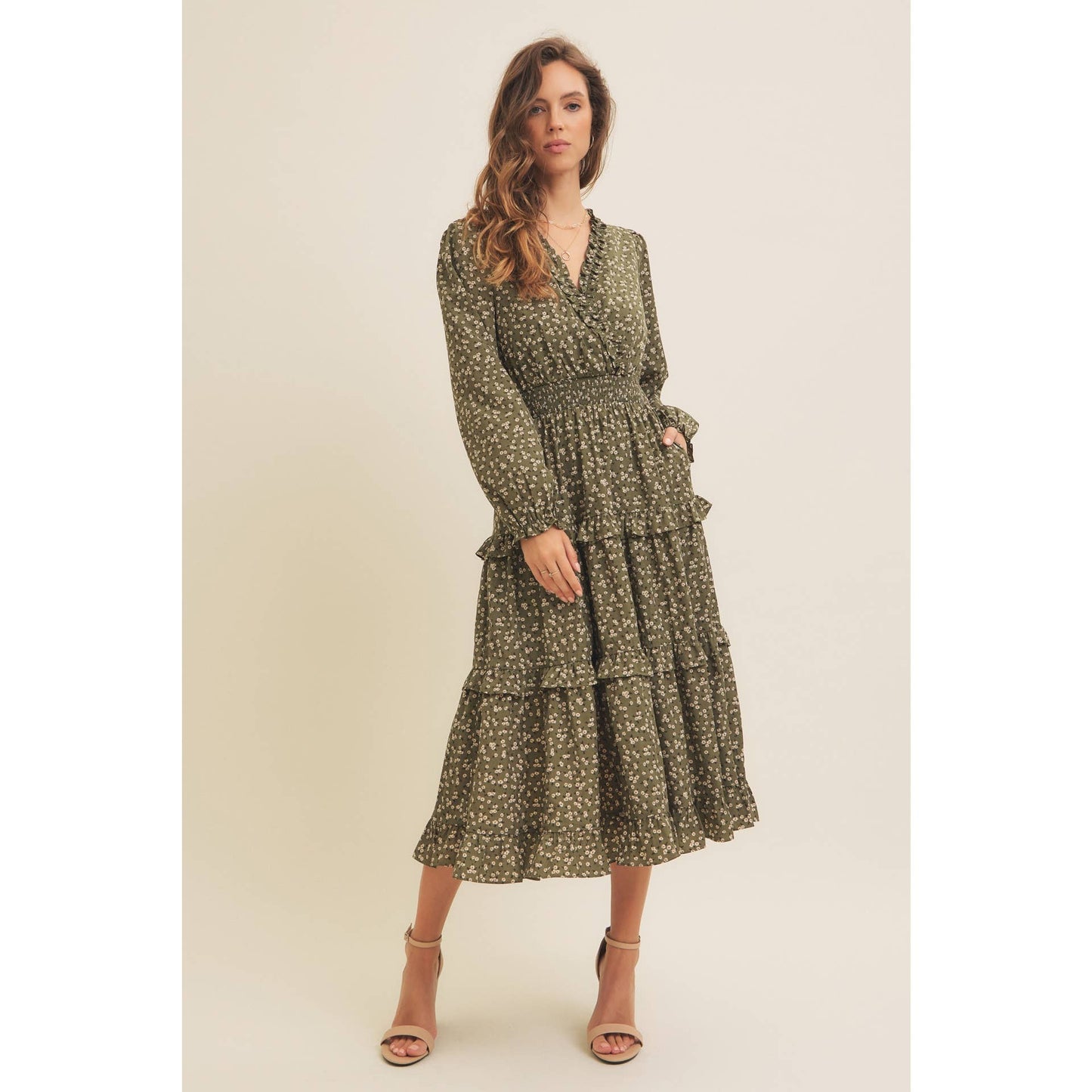 DITSY FLORAL RUFFLE SURPLICE MIDI DRESS WITH POCKETS