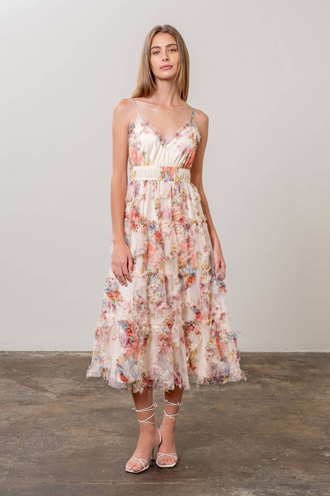 FLORAL PRINT RUFFLE DETAIL SLEEVELESS MAXI DRESS