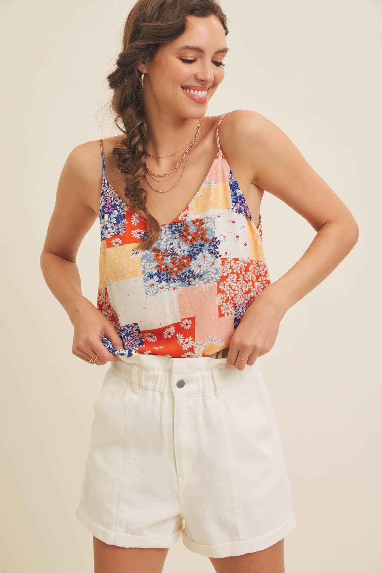 SOFT RAYON GAUZE FLORAL PATCHWORK V-NECK CAMI TOP