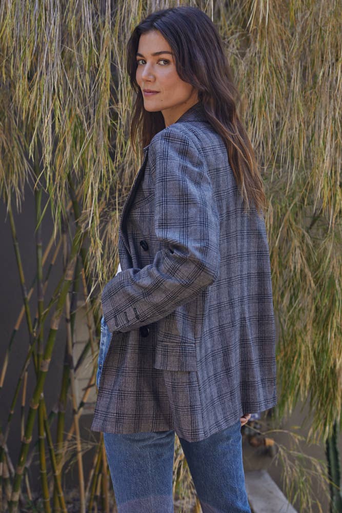WOVEN LONG SLEEVE OVERSIZED PLAID BLAZER