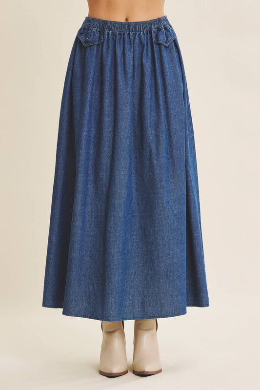 WASHED DENIM FLARE MIDI SKIRT WITH ELASTIC BAND