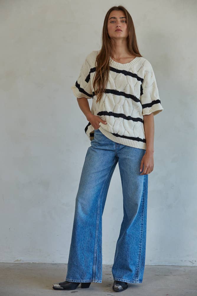 KNIT SWEATER CABLE STRIPED ROUND NECK