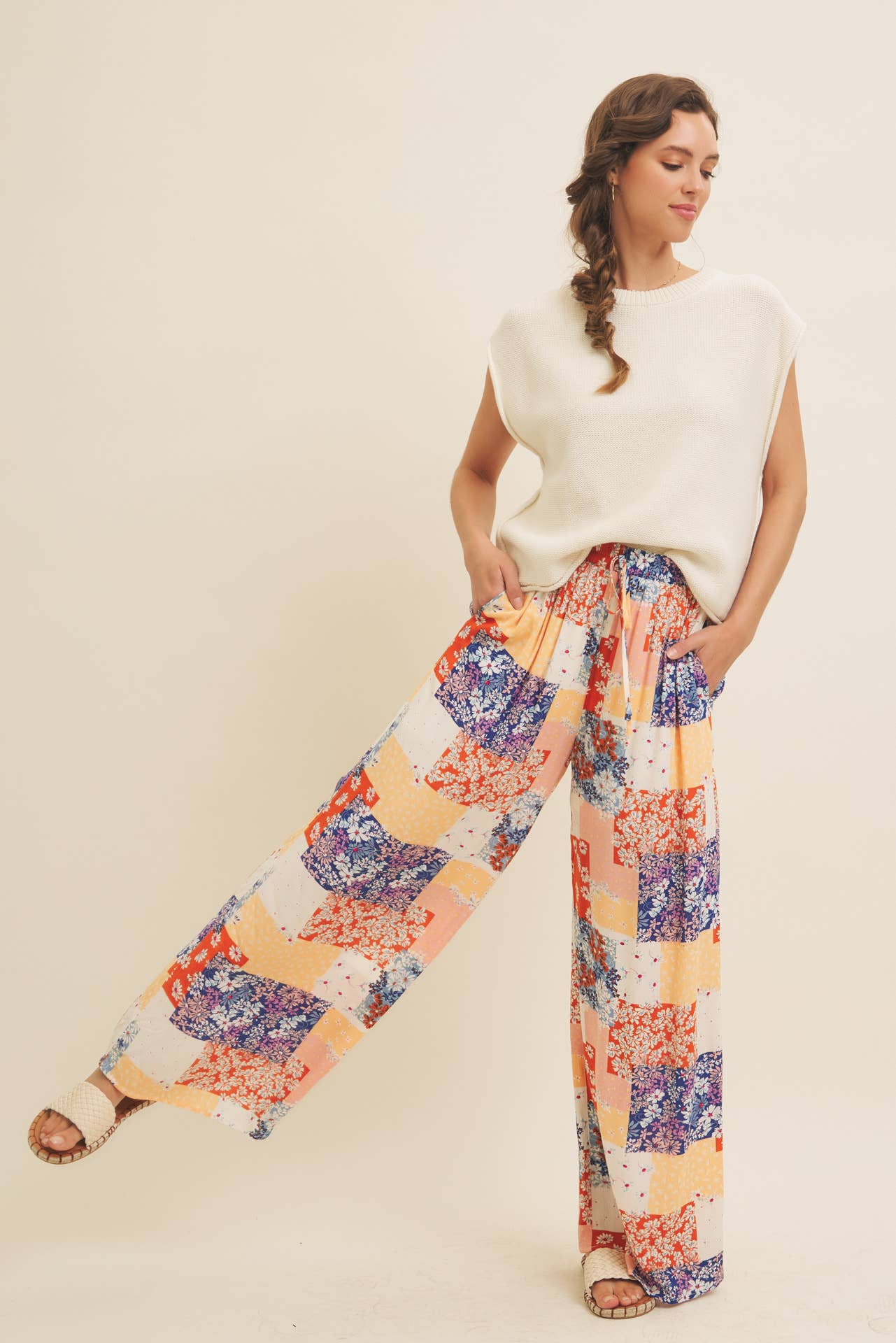SOFT RAYON GAUZE FLORAL PATCHWORK WIDE LEG PANTS WITH POCKET
