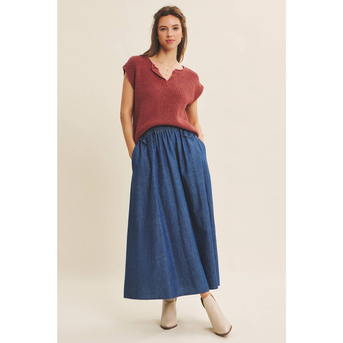 WASHED DENIM FLARE MIDI SKIRT WITH ELASTIC BAND