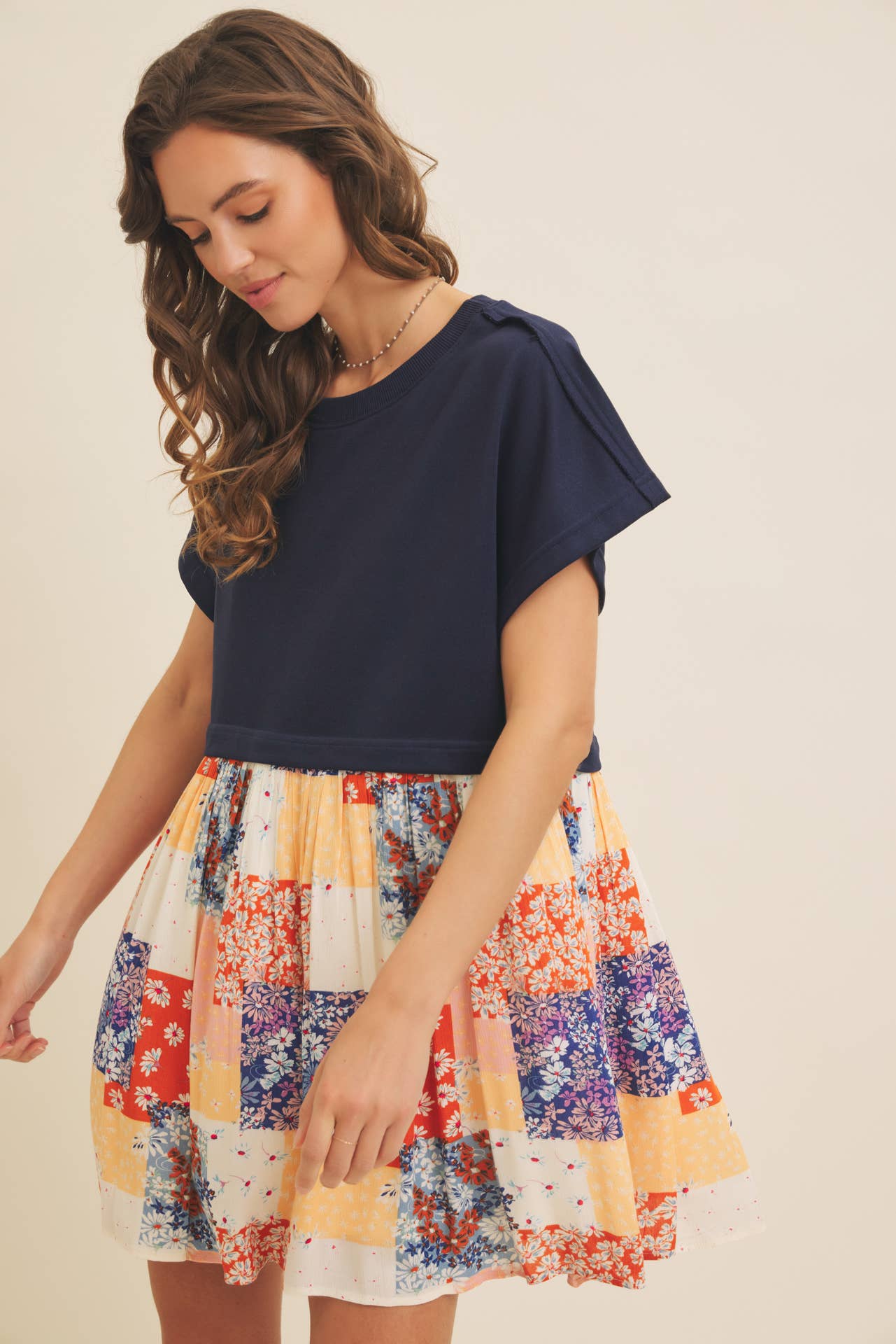 FLORAL PATCHWORK CONTRAST SWEATSHIRT DRESS