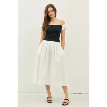 BASQUE WAIST COTTON MIDI SKIRT WITH POCKETS